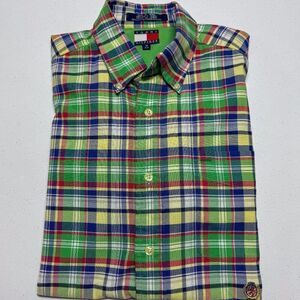 Vintage Tommy Hilfiger Shirt Mens Medium Green Plaid Crest 90s Y2K Camp Casual
